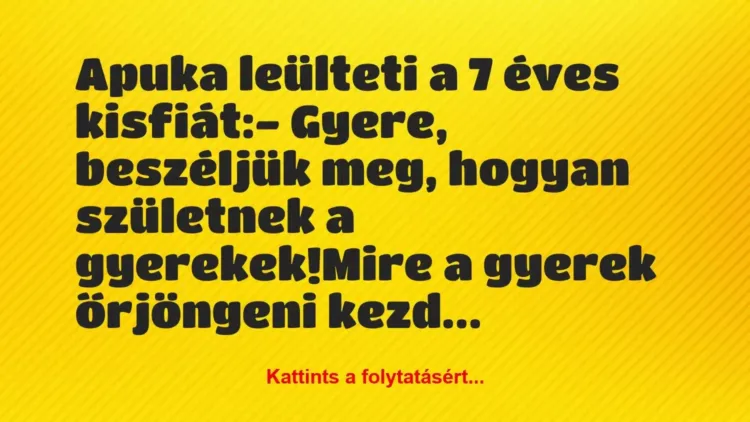 Vicc: Apuka leülteti a 7 éves kisfiát:
– Gyere, beszéljük meg, hogyan… Vicc: Apuka leülteti a 7 éves kisfiát:
– Gyere, beszéljük meg, hogyan…