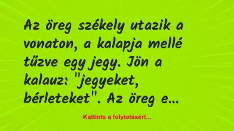 Vicc: Az öreg székely utazik a vonaton, a kalapja mellé tűzve egy jegy…. Vicc: Az öreg székely utazik a vonaton, a kalapja mellé tűzve egy jegy….