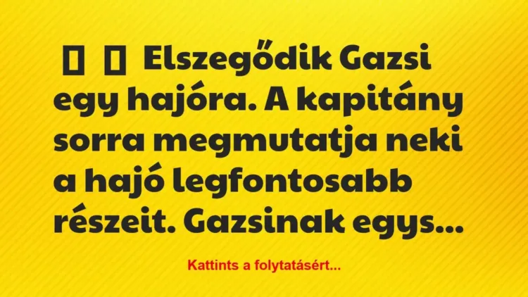 Vicc:
Elszegődik Gazsi egy hajóra. A kapitány sorra megmutatja… Vicc:
Elszegődik Gazsi egy hajóra. A kapitány sorra megmutatja…