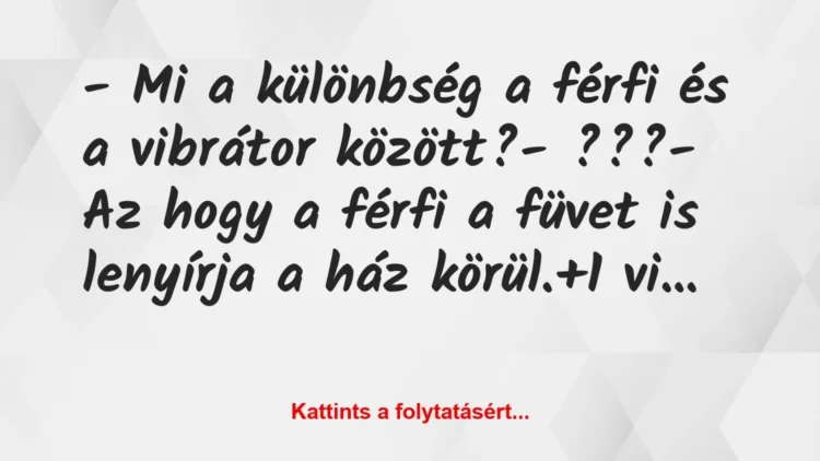 Vicc: – Mi a különbség a férfi és a vibrátor között?
– ???
– Az… Vicc: – Mi a különbség a férfi és a vibrátor között?
– ???
– Az…
