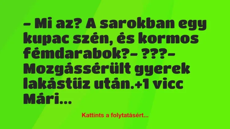 Vicc: – Mi az? A sarokban egy kupac szén, és kormos fémdarabok?
-… Vicc: – Mi az? A sarokban egy kupac szén, és kormos fémdarabok?
-…