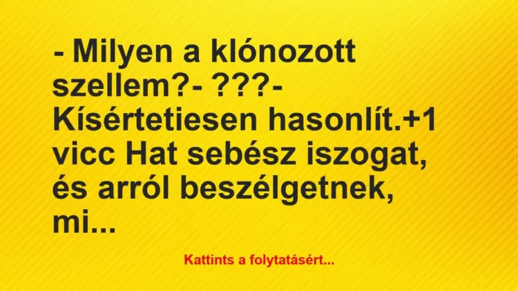 Vicc: – Milyen a klónozott szellem?
– ???
– Kísértetiesen… Vicc: – Milyen a klónozott szellem?
– ???
– Kísértetiesen…