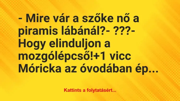 Vicc: – Mire vár a szőke nő a piramis lábánál?
– ???
– Hogy… Vicc: – Mire vár a szőke nő a piramis lábánál?
– ???
– Hogy…
