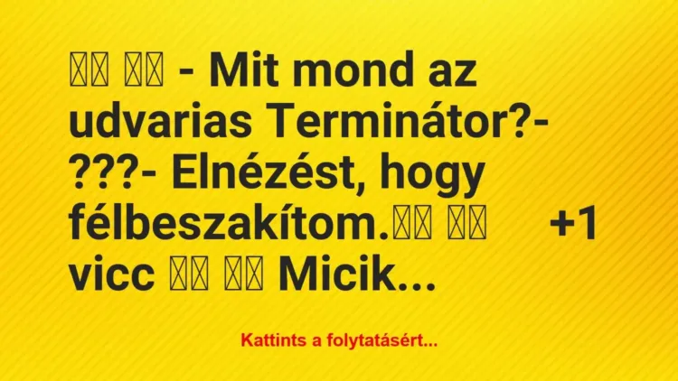 Vicc:
– Mit mond az udvarias Terminátor?- ???- … Vicc:
– Mit mond az udvarias Terminátor?- ???- …