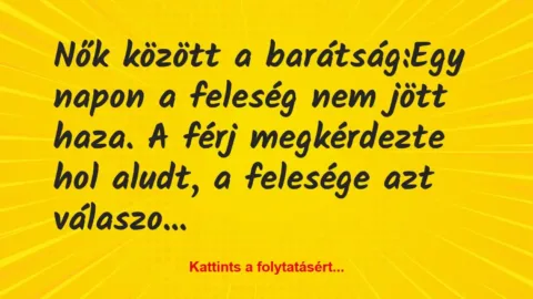 Vicc: Nők között a barátság:
Egy napon a feleség nem jött haza. A férj… Vicc: Nők között a barátság:
Egy napon a feleség nem jött haza. A férj…