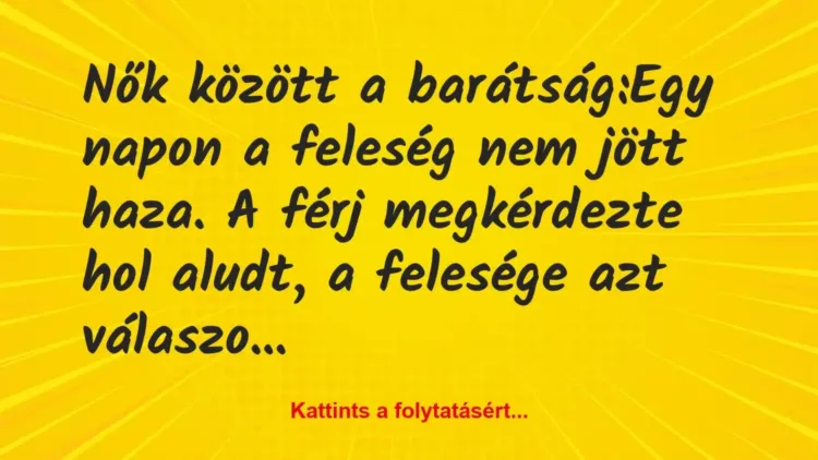 Vicc: Nők között a barátság:
Egy napon a feleség nem jött haza. A férj… Vicc: Nők között a barátság:
Egy napon a feleség nem jött haza. A férj…