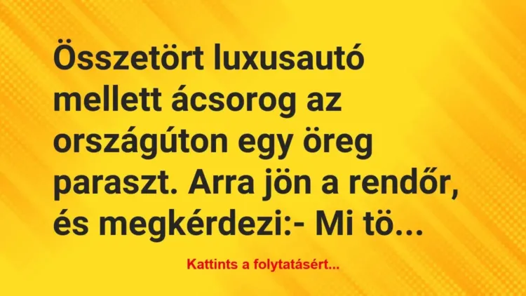 Vicc: Összetört luxusautó mellett ácsorog az országúton egy öreg paraszt…. Vicc: Összetört luxusautó mellett ácsorog az országúton egy öreg paraszt….