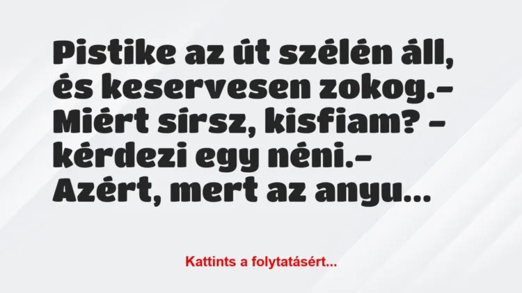 Vicc: Pistike az út szélén áll, és keservesen zokog.
– Miért sírsz,… Vicc: Pistike az út szélén áll, és keservesen zokog.
– Miért sírsz,…