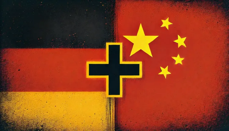 DALL·E 2025-02-05 22.23.38 - A digital illustration featuring the German and Chinese flags split in half vertically down the middle. The left side displays the German flag with it Németország és Kína összefog a magyar gazdaságért?