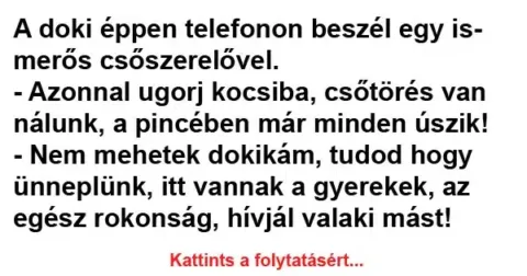 Vicc: A doki éppen telefonon beszél egy ismerős csőszerelővel