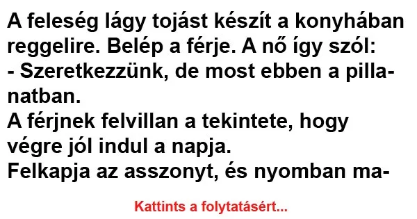 Vicc: A feleség lágy tojást készít a konyhában reggelire Vicc: A feleség lágy tojást készít a konyhában reggelire