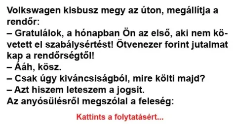 Vicc: Volkswagen kisbusz megy az úton, megállítja a rendőr Vicc: Volkswagen kisbusz megy az úton, megállítja a rendőr