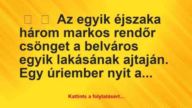Vicc:
Az egyik éjszaka három markos rendőr csönget … Vicc:
Az egyik éjszaka három markos rendőr csönget …
