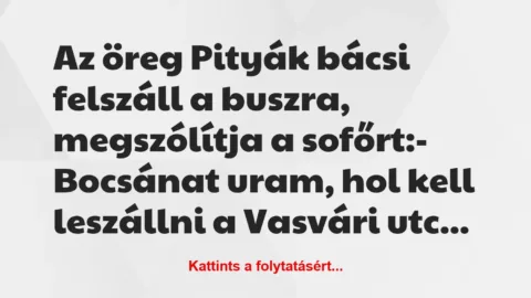 Vicc: Az öreg Pityák bácsi felszáll a buszra, megszólítja a…