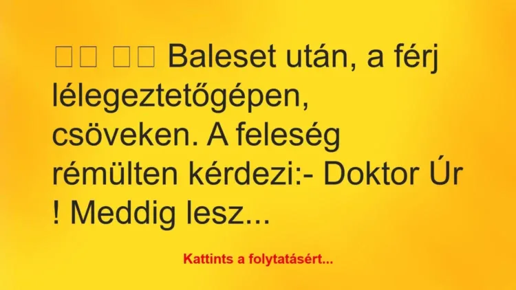 Vicc:
Baleset után, a férj lélegeztetőgépen, csöveken. … Vicc:
Baleset után, a férj lélegeztetőgépen, csöveken. …