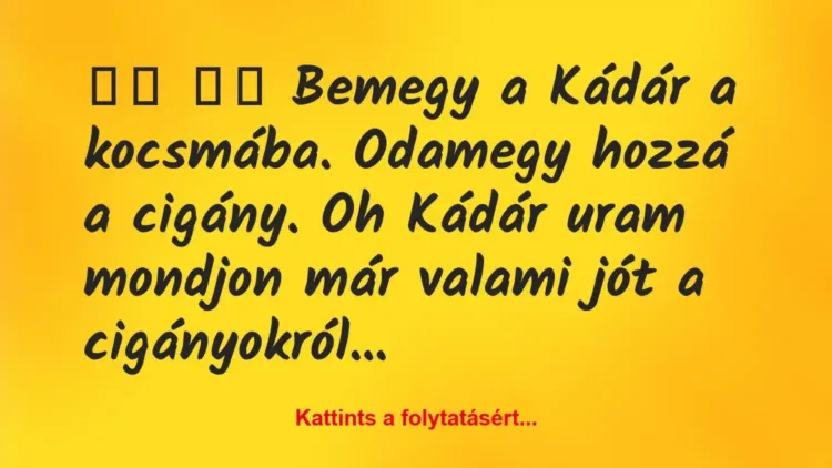 Vicc:
Bemegy a Kádár a kocsmába. Odamegy hozzá a… Vicc:
Bemegy a Kádár a kocsmába. Odamegy hozzá a…