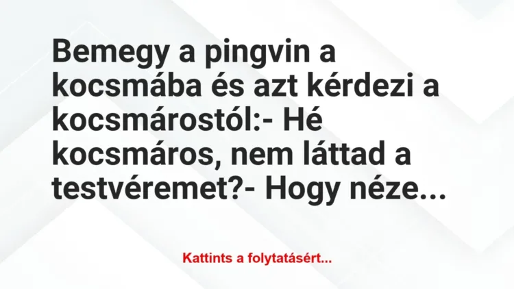 Vicc: Bemegy a pingvin a kocsmába és azt kérdezi a kocsmárostól:
– Hé… Vicc: Bemegy a pingvin a kocsmába és azt kérdezi a kocsmárostól:
– Hé…