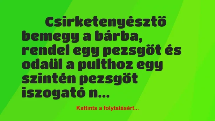 Vicc:
Csirketenyésztő bemegy a bárba, rendel egy… Vicc:
Csirketenyésztő bemegy a bárba, rendel egy…