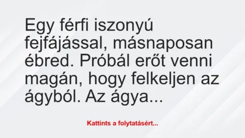 Vicc: Egy férfi iszonyú fejfájással, másnaposan ébred. Próbál erőt venni…