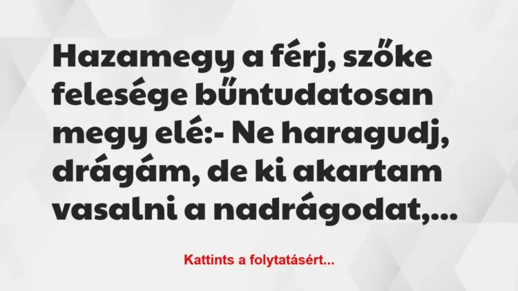 Vicc: Hazamegy a férj, szőke felesége bűntudatosan megy elé:
– Ne… Vicc: Hazamegy a férj, szőke felesége bűntudatosan megy elé:
– Ne…