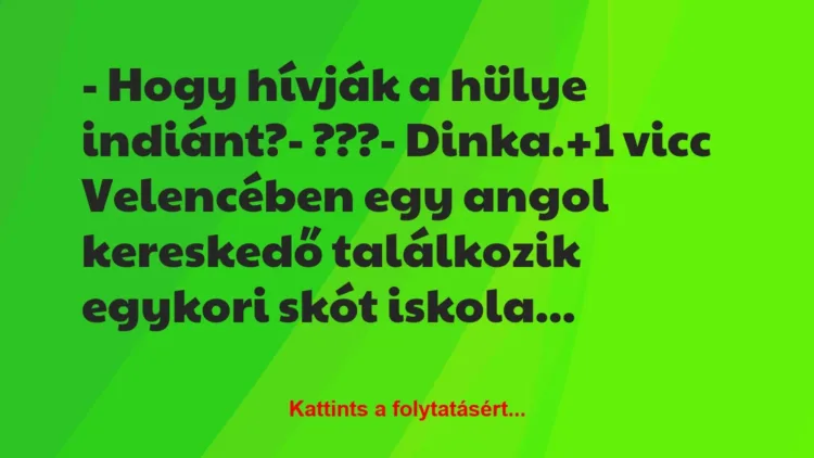 Vicc: – Hogy hívják a hülye indiánt?
– ???
– Dinka. Vicc: – Hogy hívják a hülye indiánt?
– ???
– Dinka.