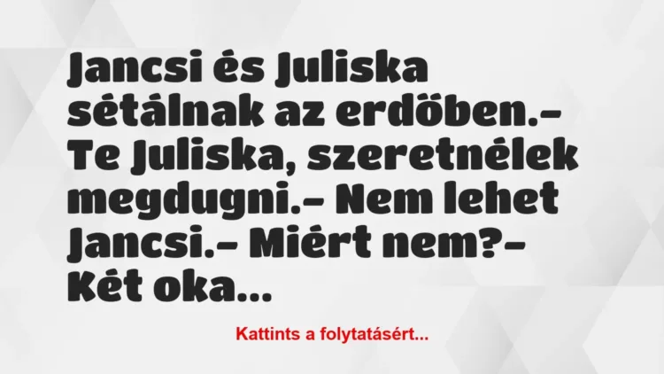 Vicc: Jancsi és Juliska sétálnak az erdőben.
– Te Juliska, szeretnélek… Vicc: Jancsi és Juliska sétálnak az erdőben.
– Te Juliska, szeretnélek…