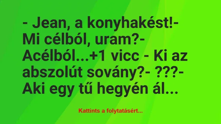 Vicc: – Jean, a konyhakést!
– Mi célból, uram?
– Acélból… Vicc: – Jean, a konyhakést!
– Mi célból, uram?
– Acélból…