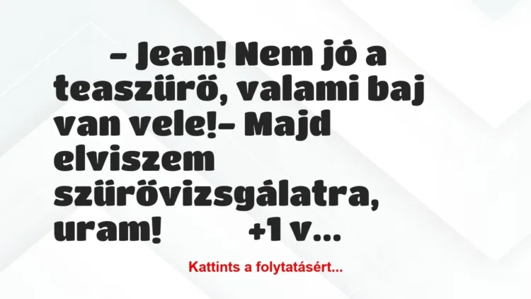 Vicc:
– Jean! Nem jó a teaszűrő, valami baj van… Vicc:
– Jean! Nem jó a teaszűrő, valami baj van…