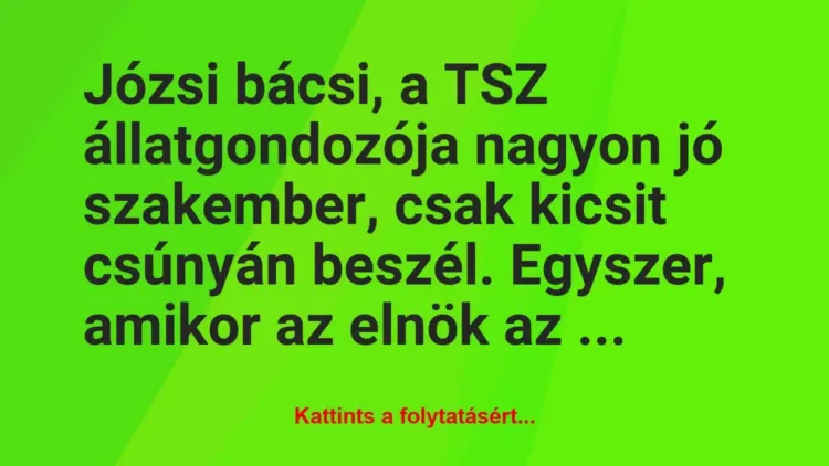 Vicc: Józsi bácsi, a TSZ állatgondozója nagyon jó szakember,… Vicc: Józsi bácsi, a TSZ állatgondozója nagyon jó szakember,…