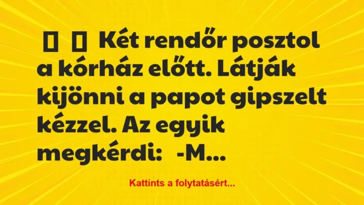 Vicc:
Két rendőr posztol a kórház előtt. Látják… Vicc:
Két rendőr posztol a kórház előtt. Látják…
