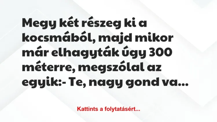Vicc: Megy két részeg ki a kocsmából, majd mikor már elhagyták… Vicc: Megy két részeg ki a kocsmából, majd mikor már elhagyták…