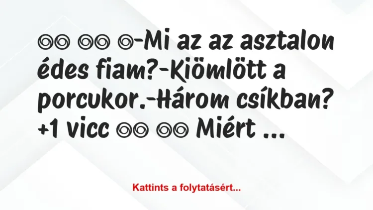 Vicc:
-Mi az az asztalon édes fiam?-Kiömlött a… Vicc:
-Mi az az asztalon édes fiam?-Kiömlött a…