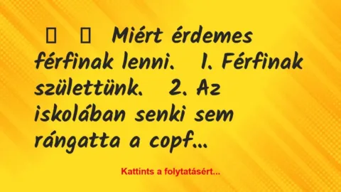 Vicc: 
	    	    Miért érdemes férfinak lenni.


1. Férfinak…