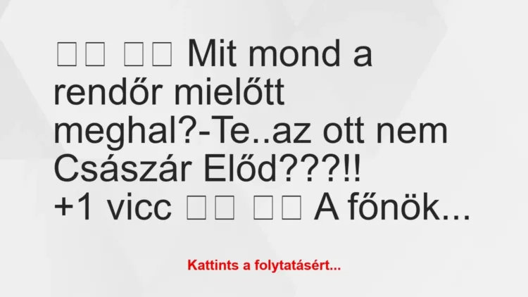 Vicc:
Mit mond a rendőr mielőtt meghal?-Te..az ott … Vicc:
Mit mond a rendőr mielőtt meghal?-Te..az ott …