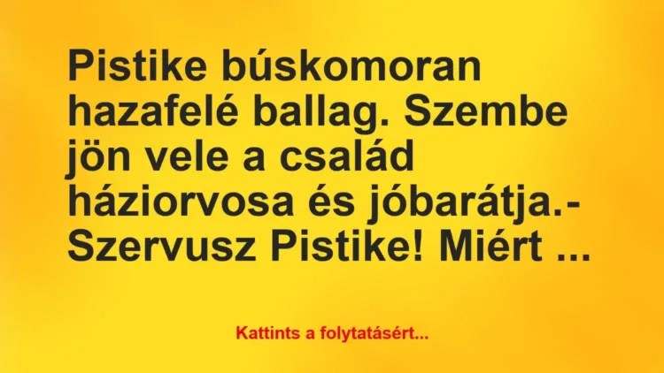 Vicc: Pistike búskomoran hazafelé ballag. Szembe jön vele a… Vicc: Pistike búskomoran hazafelé ballag. Szembe jön vele a…