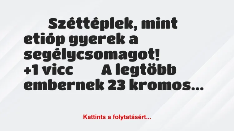 Vicc:
Széttéplek, mint etióp gyerek a… Vicc:
Széttéplek, mint etióp gyerek a…