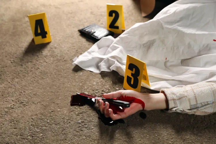 Crime scene with dead woman's body, bloody knife and markers out Gyilkosság