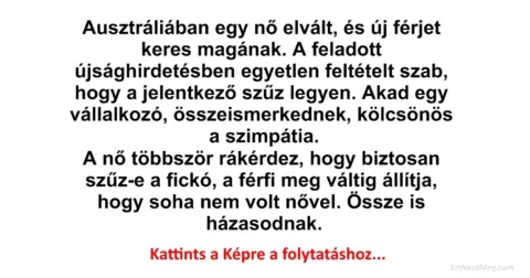 Vicc: Ausztráliában egy nő elvált, és új férjet keres magának