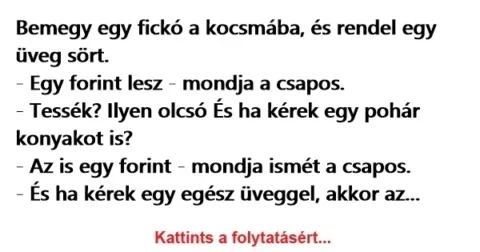 Vicc: Bemegy egy fickó a kocsmába, és rendel egy üveg sört.