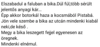 Vicc: Pista bácsi szembe kerül egy tomboló bikával