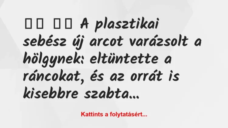 Vicc:
A plasztikai sebész új arcot varázsolt a hölgynek… Vicc:
A plasztikai sebész új arcot varázsolt a hölgynek…