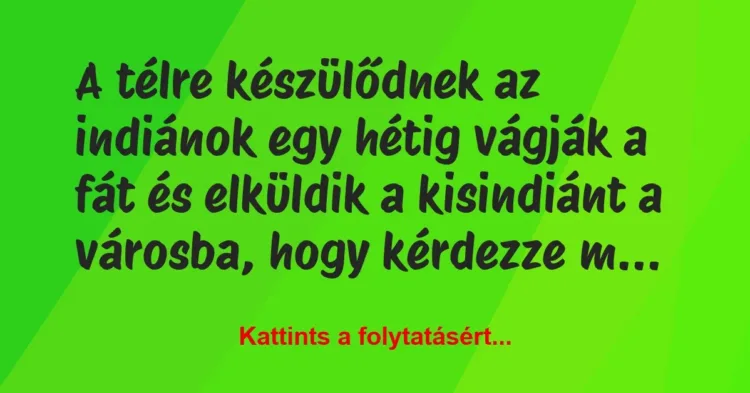 Vicc: A télre készülődnek az indiánok egy hétig vágják a fát és elküldik a… Vicc: A télre készülődnek az indiánok egy hétig vágják a fát és elküldik a…