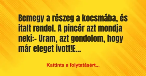 Vicc: Bemegy a részeg a kocsmába, és italt rendel. A pincér azt mondja…