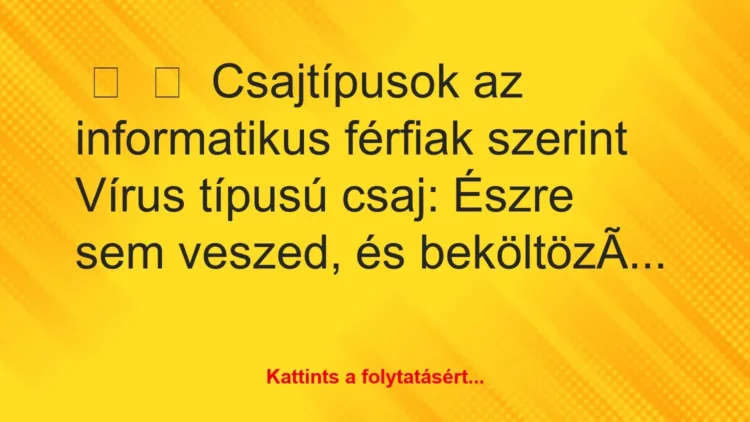Vicc:
Csajtípusok az informatikus férfiak… Vicc:
Csajtípusok az informatikus férfiak…