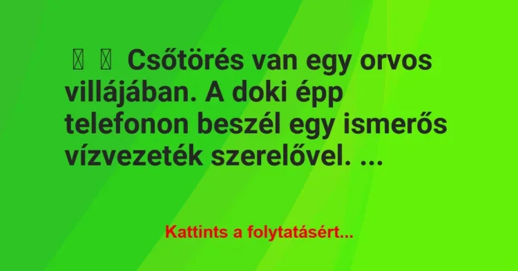 Vicc:
Csőtörés van egy orvos villájában. A doki épp telefonon… Vicc:
Csőtörés van egy orvos villájában. A doki épp telefonon…