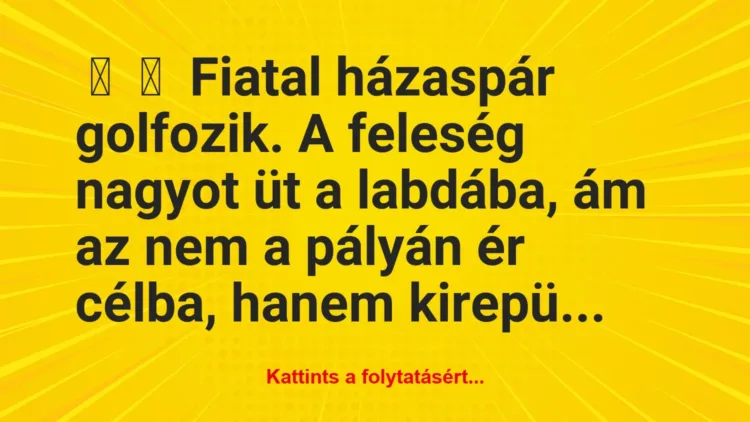 Vicc:
Fiatal házaspár golfozik. A feleség nagyot üt a labdába, ám… Vicc:
Fiatal házaspár golfozik. A feleség nagyot üt a labdába, ám…