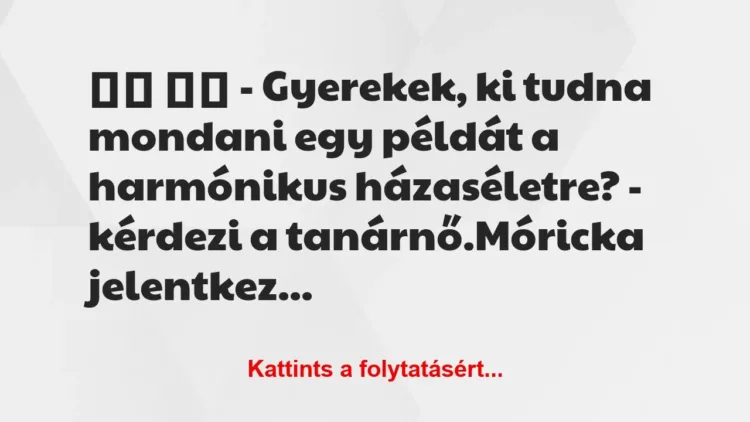 Vicc:
– Gyerekek, ki tudna mondani egy példát a… Vicc:
– Gyerekek, ki tudna mondani egy példát a…