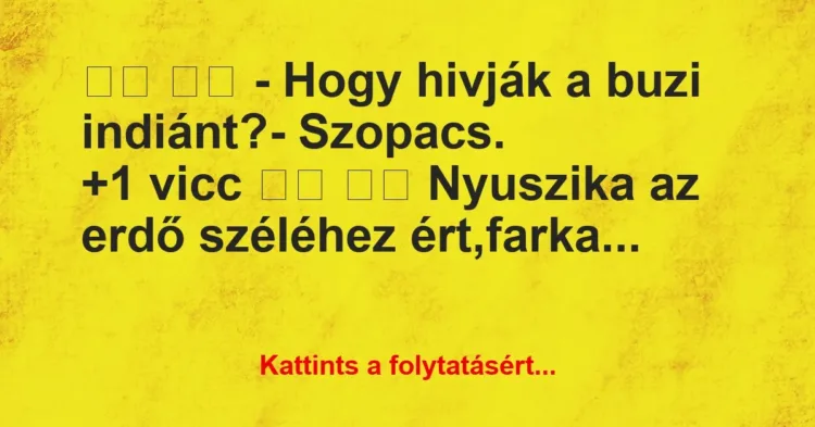 Vicc:
– Hogy hivják a buzi indiánt?- Szopacs. … Vicc:
– Hogy hivják a buzi indiánt?- Szopacs. …