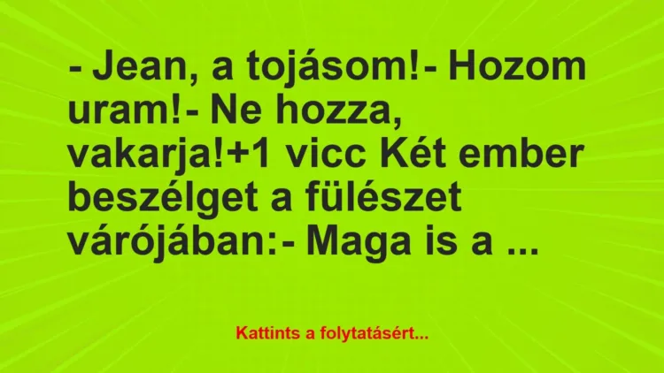 Vicc: – Jean, a tojásom!
– Hozom uram!
– Ne hozza, vakarja! Vicc: – Jean, a tojásom!
– Hozom uram!
– Ne hozza, vakarja!