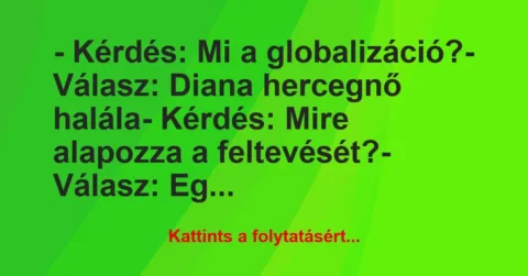 Vicc: – Kérdés: Mi a globalizáció?

– Válasz: Diana hercegnő…